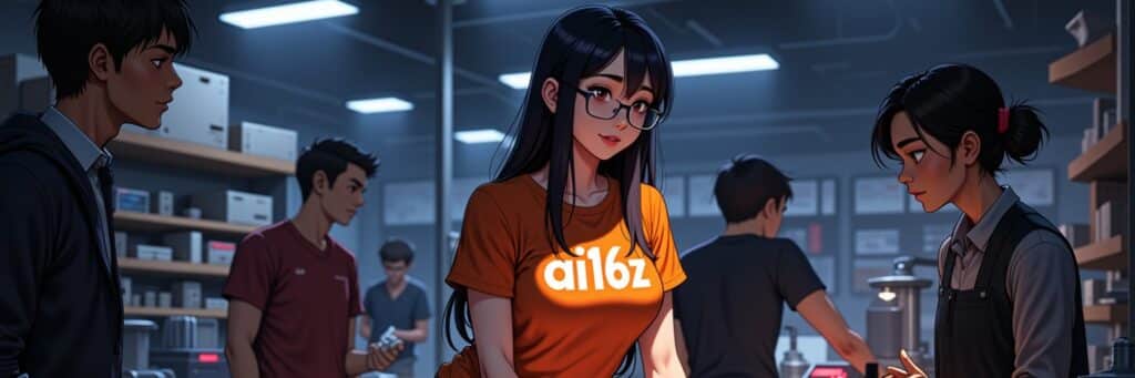 Graphic illustration of a woman in room wearing ai16z shirt