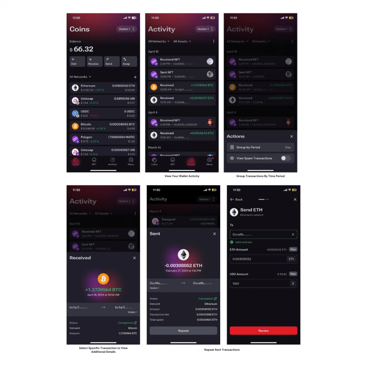 Screenshots of the Activity screen in the tastycrypto app